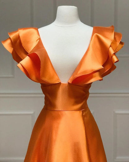 A Line Satin V-Neck Ruffled Sleeve Empire Slit Long Prom Dress