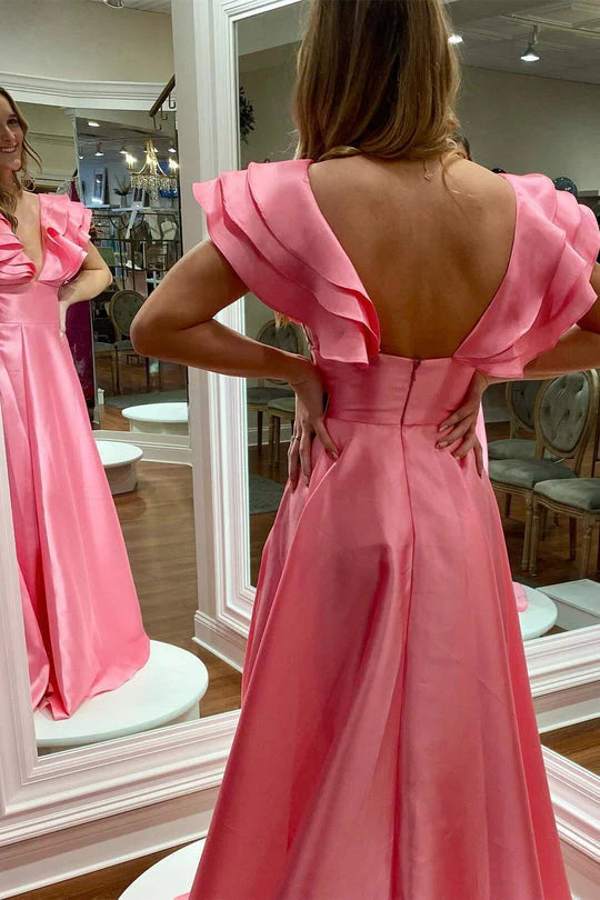 A Line Satin V-Neck Ruffled Sleeve Empire Slit Long Prom Dress