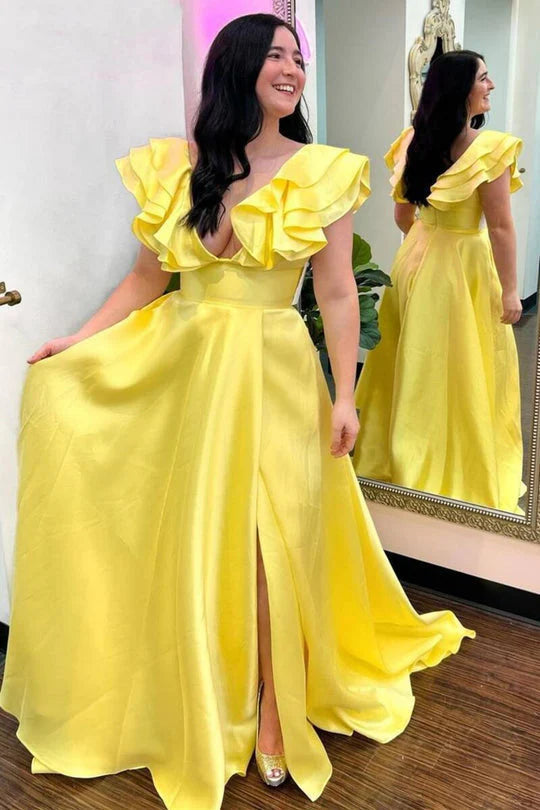 A Line Satin V-Neck Ruffled Sleeve Empire Slit Long Prom Dress