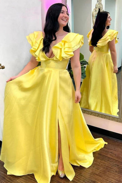 A Line Satin V-Neck Ruffled Sleeve Empire Slit Long Prom Dress