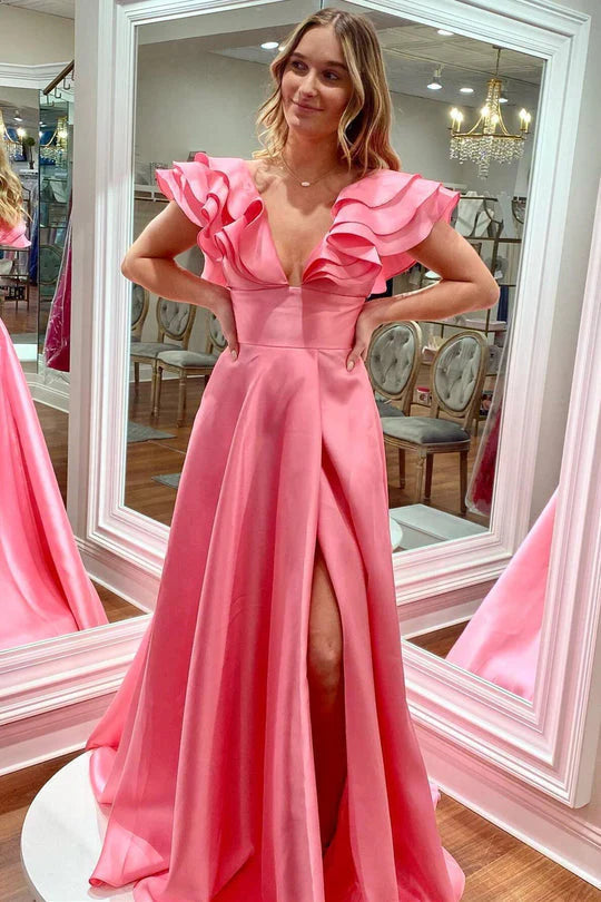 A Line Satin V-Neck Ruffled Sleeve Empire Slit Long Prom Dress
