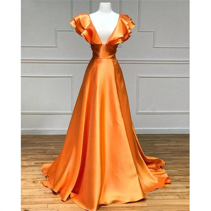 A Line Satin V-Neck Ruffled Sleeve Empire Slit Long Prom Dress