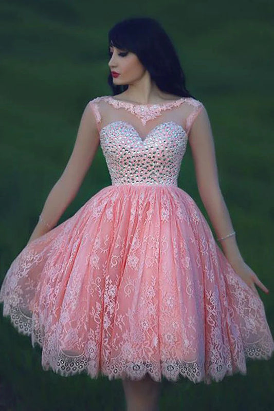 Scoop Lace With Beading Homecoming Dresses 3/4 Length Sleeves