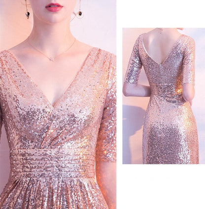 A Line Sequin V Neck V Back Sleeveless Pink Short Sleeves Evening Prom Dresses