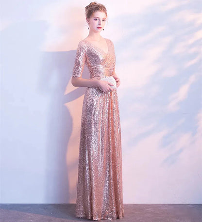 A Line Sequin V Neck V Back Sleeveless Pink Short Sleeves Evening Prom Dresses