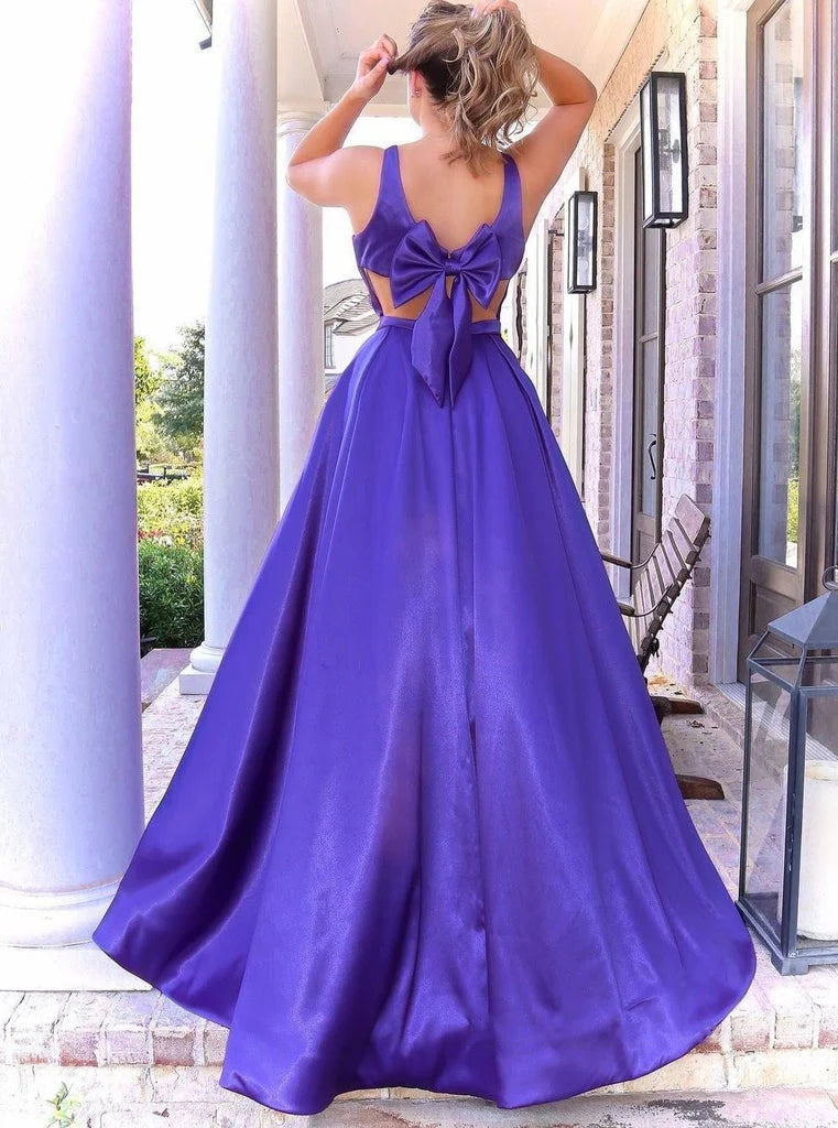 V Neck Satin With Bowknot Sexy Floor Length Prom Dresses