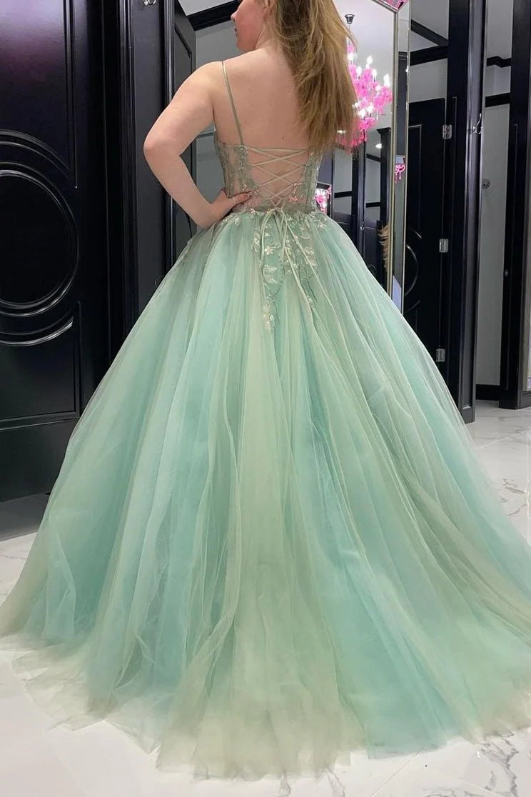 A Line Spaghetti Strap Sage Tulle Prom Dresses Floral Embroidery Formal Dresses