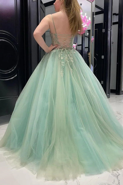 A Line Spaghetti Strap Sage Tulle Prom Dresses Floral Embroidery Formal Dresses