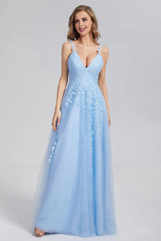 A Line Spaghetti Straps Blue Prom Dresses V Neck Lace Appliques Evening Dresses