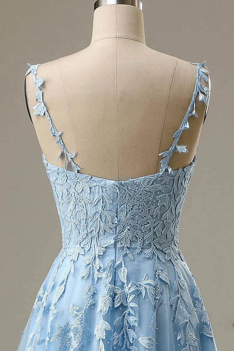 A Line Spaghetti Straps Blue Prom Dresses V Neck Lace Appliques Evening Dresses