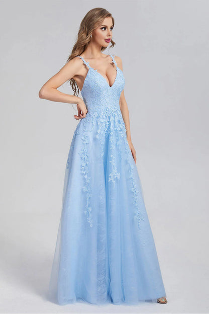 A Line Spaghetti Straps Blue Prom Dresses V Neck Lace Appliques Evening Dresses