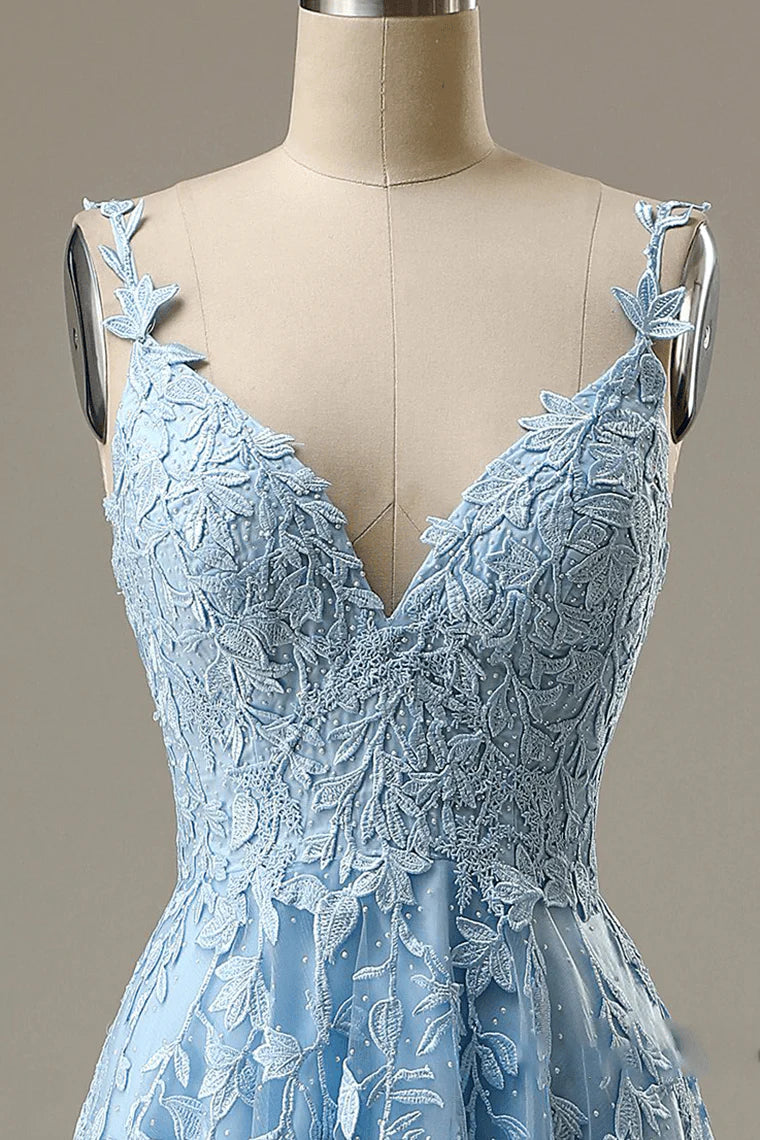 A Line Spaghetti Straps Blue Prom Dresses V Neck Lace Appliques Evening Dresses