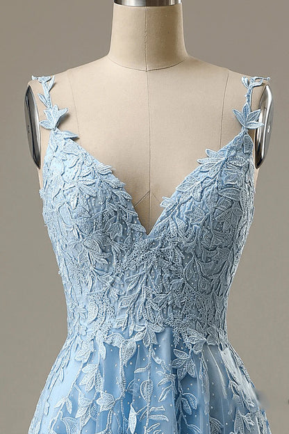 A Line Spaghetti Straps Blue Prom Dresses V Neck Lace Appliques Evening Dresses