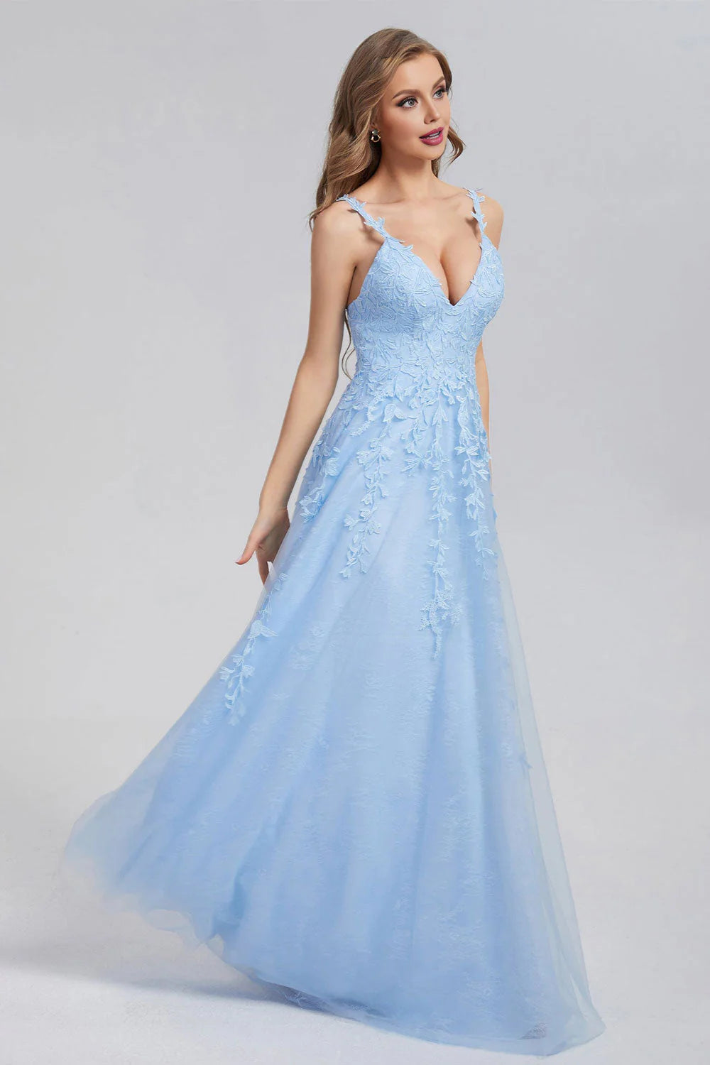 A Line Spaghetti Straps Blue Prom Dresses V Neck Lace Appliques Evening Dresses