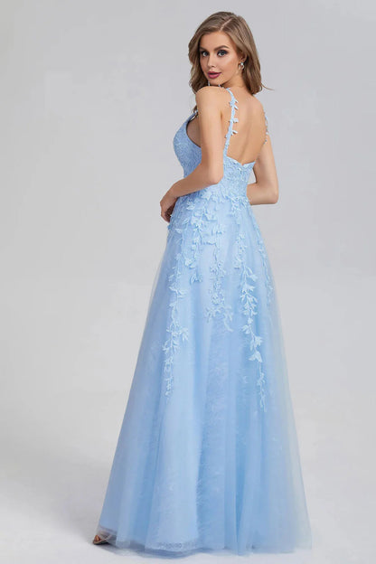 A Line Spaghetti Straps Blue Prom Dresses V Neck Lace Appliques Evening Dresses