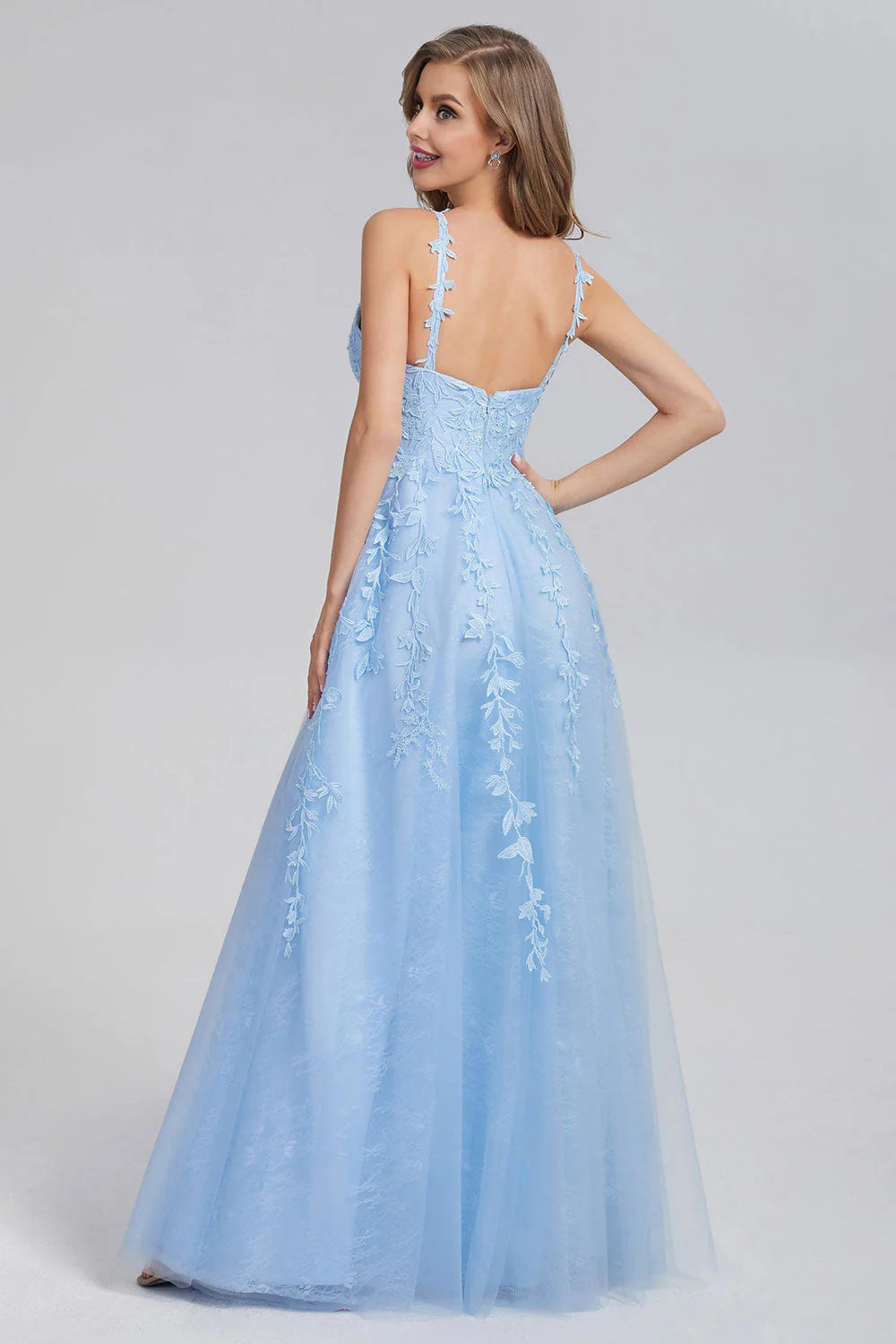 A Line Spaghetti Straps Blue Prom Dresses V Neck Lace Appliques Evening Dresses