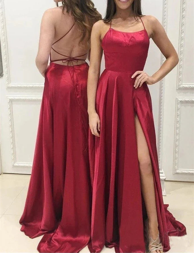 A Line Spaghetti Straps Red Sexy Side Slit Cheap Long Prom Dresses