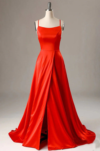 A Line Spaghetti Straps Red Sexy Side Slit Cheap Long Prom Dresses