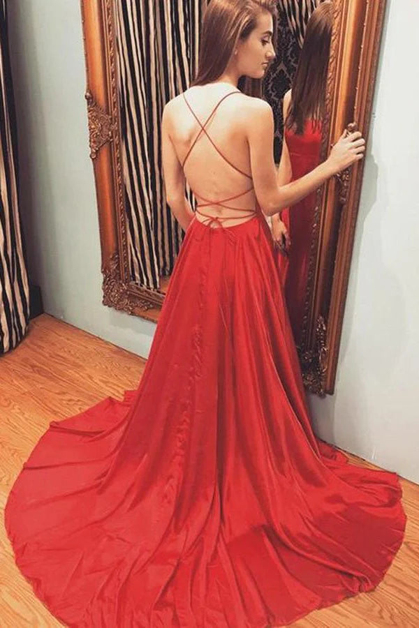 A Line Spaghetti Straps Red Sexy Side Slit Cheap Long Prom Dresses