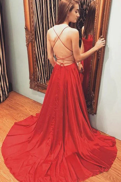 A Line Spaghetti Straps Red Sexy Side Slit Cheap Long Prom Dresses