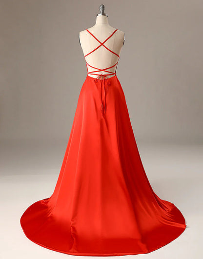 A Line Spaghetti Straps Red Sexy Side Slit Cheap Long Prom Dresses