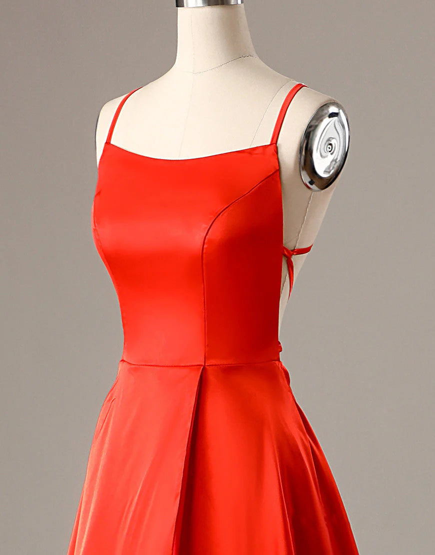 A Line Spaghetti Straps Red Sexy Side Slit Cheap Long Prom Dresses