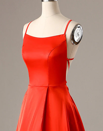 A Line Spaghetti Straps Red Sexy Side Slit Cheap Long Prom Dresses