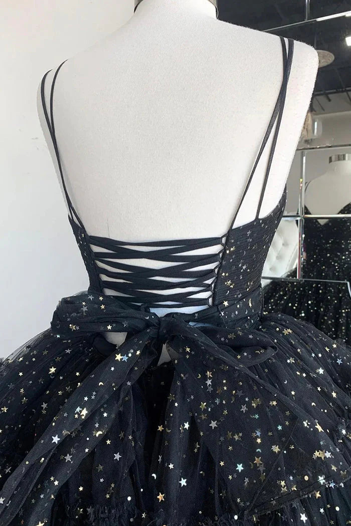 A Line Spaghetti Straps Tiered Tulle Black High Low Prom Dresses