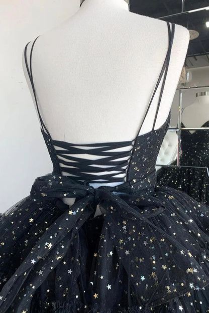 A Line Spaghetti Straps Tiered Tulle Black High Low Prom Dresses