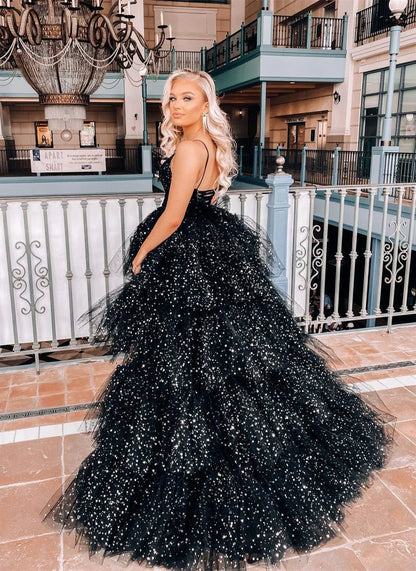 A Line Spaghetti Straps Tiered Tulle Black High Low Prom Dresses