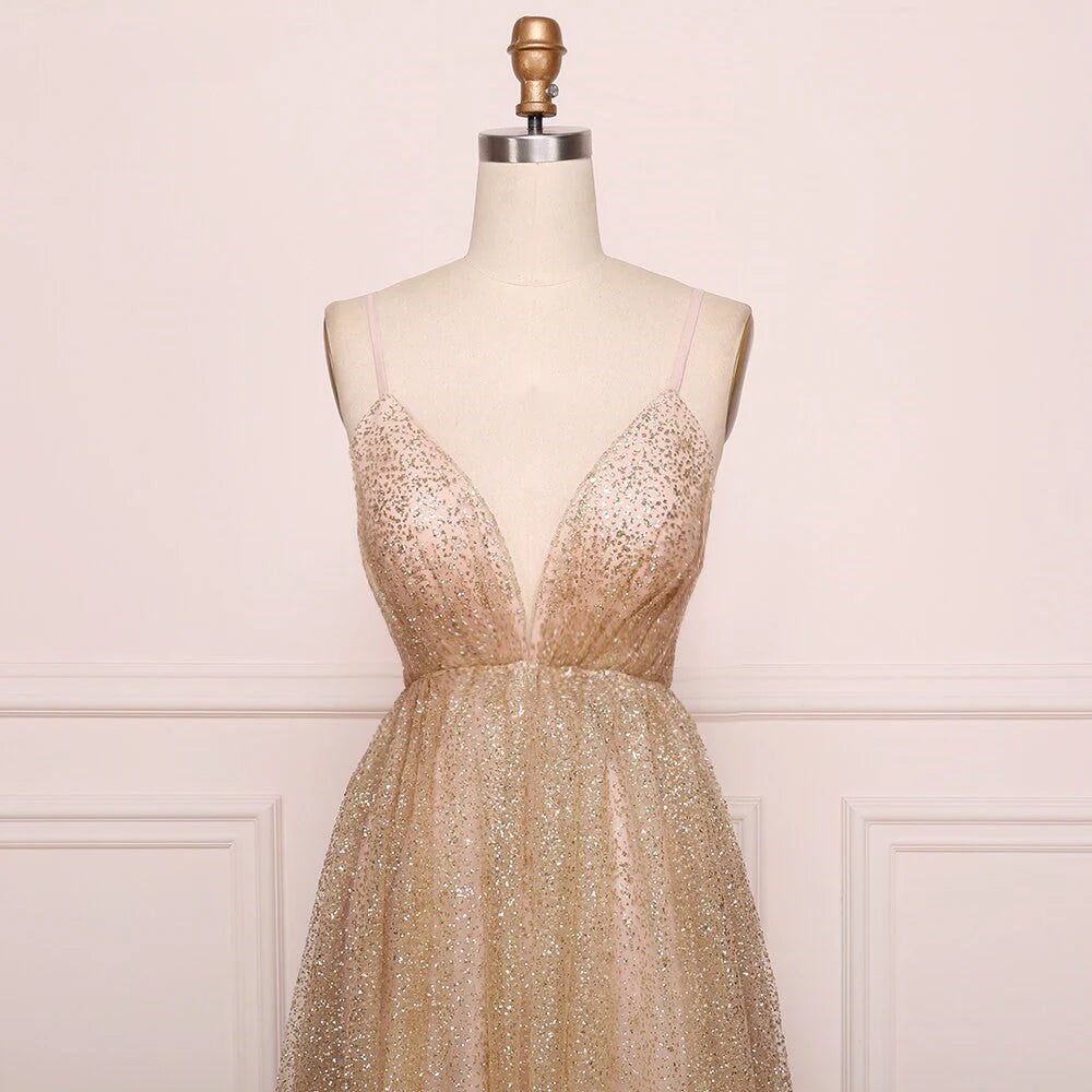 A Line Spaghetti Straps V Neck Bling Prom Dresses Backless Long Evening Dresses