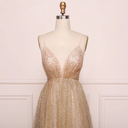 A Line Spaghetti Straps V Neck Bling Prom Dresses Backless Long Evening Dresses