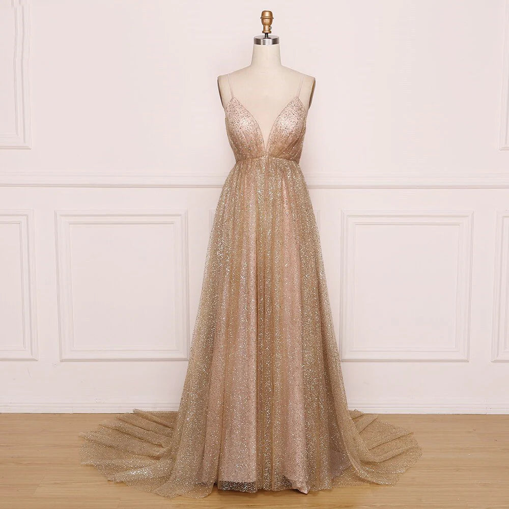 A Line Spaghetti Straps V Neck Bling Prom Dresses Backless Long Evening Dresses
