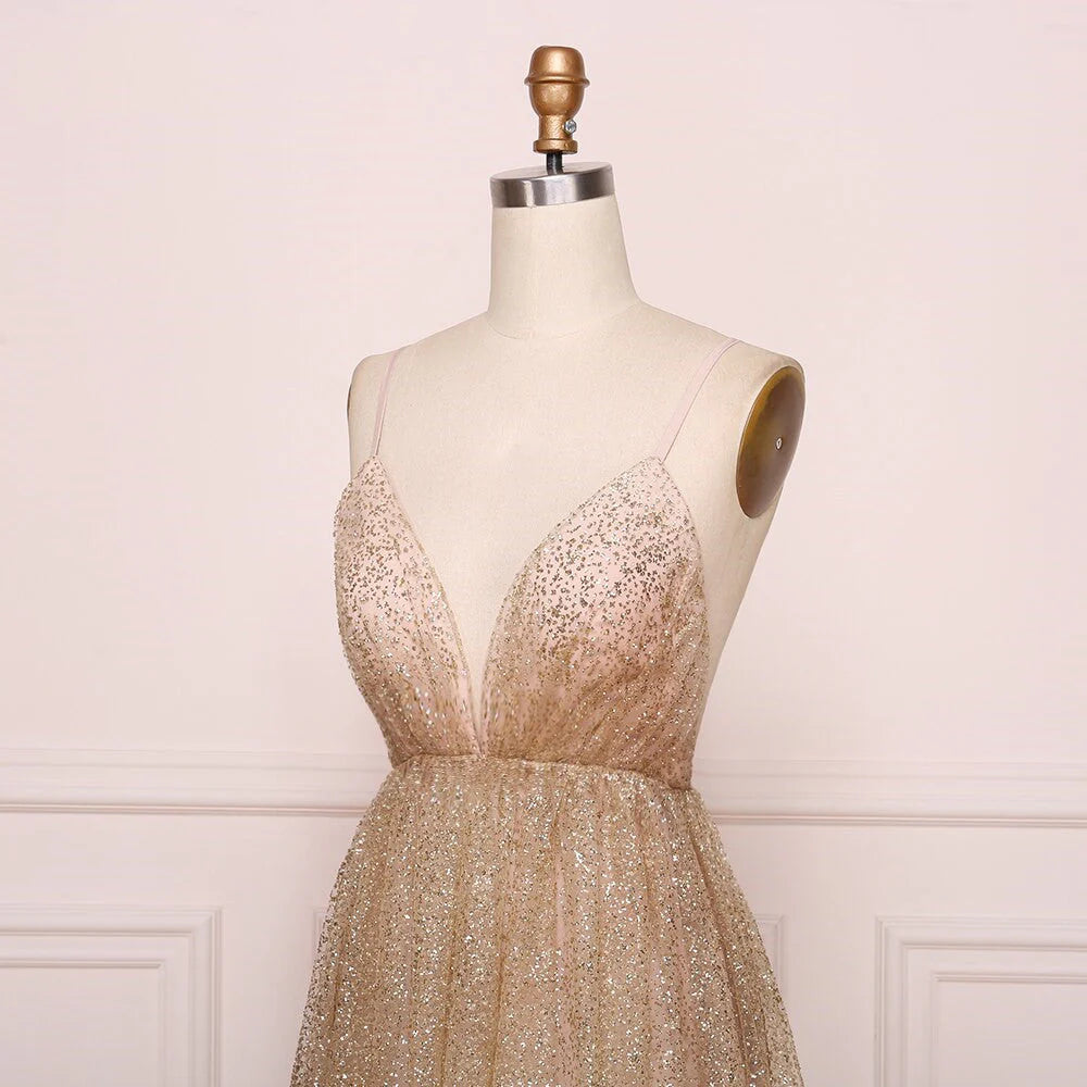 A Line Spaghetti Straps V Neck Bling Prom Dresses Backless Long Evening Dresses