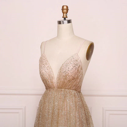 A Line Spaghetti Straps V Neck Bling Prom Dresses Backless Long Evening Dresses
