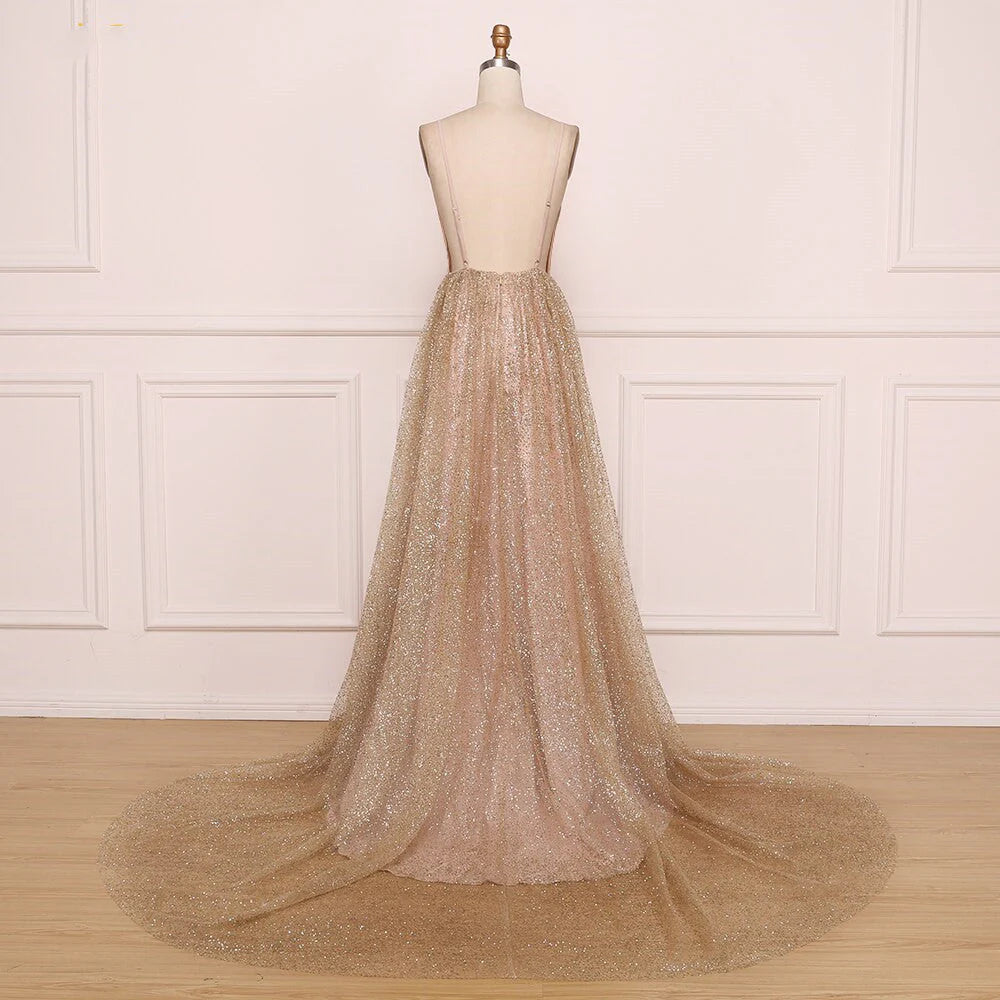 A Line Spaghetti Straps V Neck Bling Prom Dresses Backless Long Evening Dresses