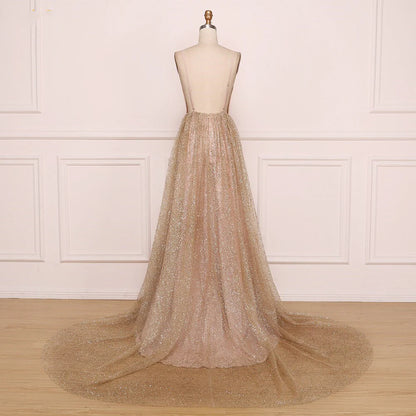 A Line Spaghetti Straps V Neck Bling Prom Dresses Backless Long Evening Dresses