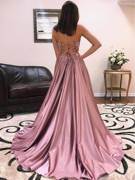 A Line Spaghetti Straps V Neck Satin Lace up Dusty Rose High Slit Prom Dresses Long Evening Dresses