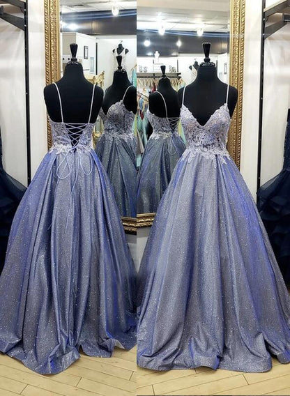 A Line Spaghetti Straps With Applique Sweep Train Prom Dresses