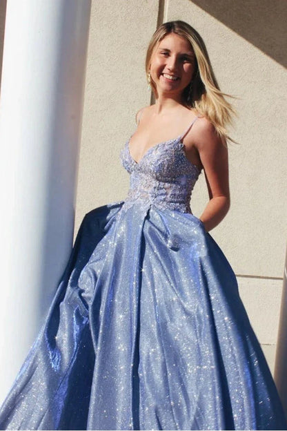 A Line Spaghetti Straps With Applique Sweep Train Prom Dresses