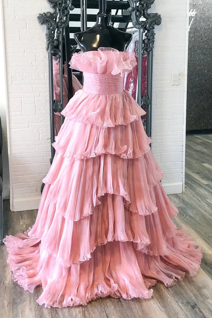 A Line Strapless Princess Tulle Layers Ruffles Long Prom Dress