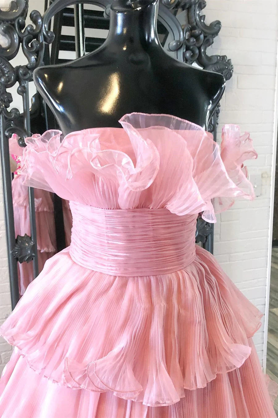 A Line Strapless Princess Tulle Layers Ruffles Long Prom Dress