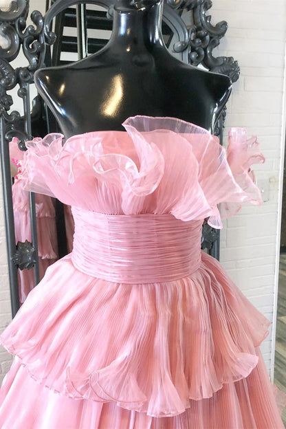 A Line Strapless Princess Tulle Layers Ruffles Long Prom Dress