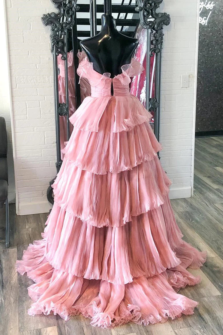 A Line Strapless Princess Tulle Layers Ruffles Long Prom Dress
