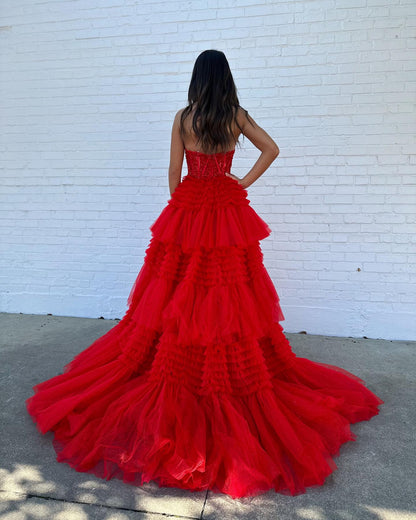 A Line Tiered Sweetheart Strapless Tulle Prom Dresses