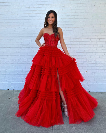 A Line Tiered Sweetheart Strapless Tulle Prom Dresses