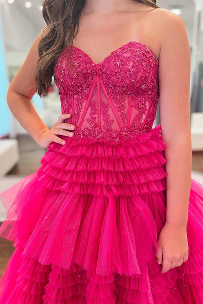 A Line Tiered Sweetheart Strapless Tulle Prom Dresses