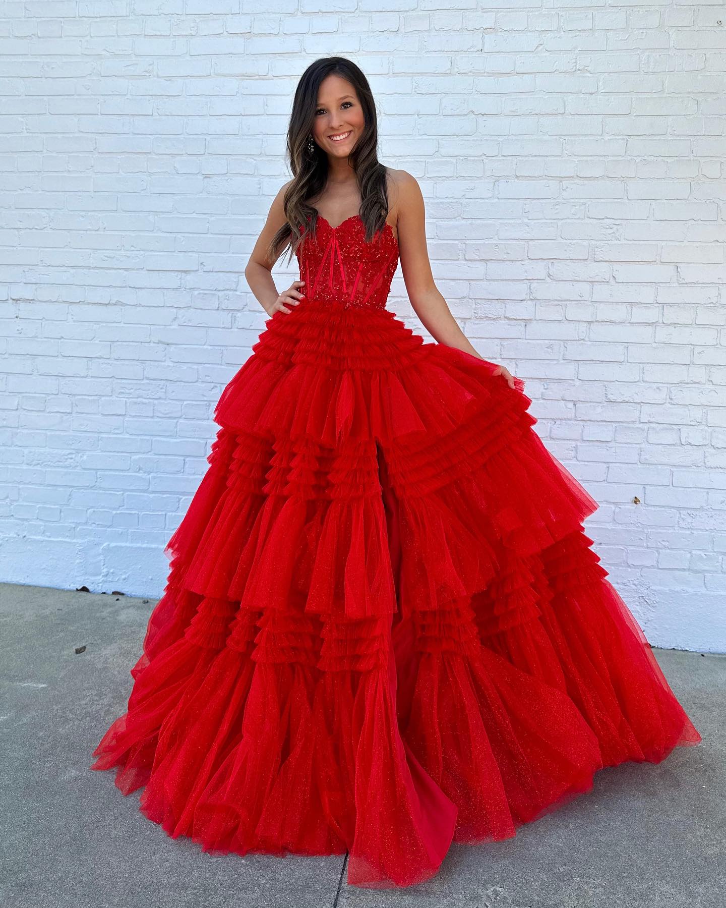 A Line Tiered Sweetheart Strapless Tulle Prom Dresses