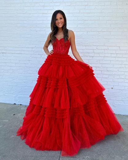 A Line Tiered Sweetheart Strapless Tulle Prom Dresses