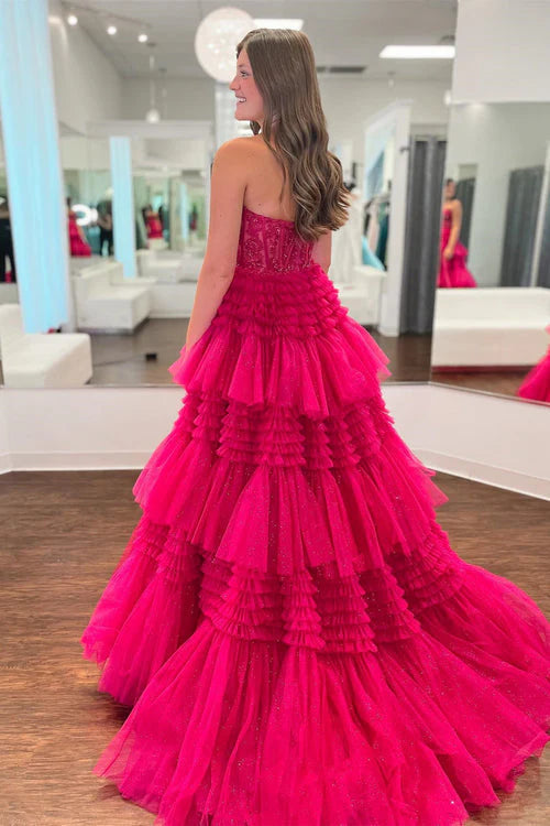 A Line Tiered Sweetheart Strapless Tulle Prom Dresses